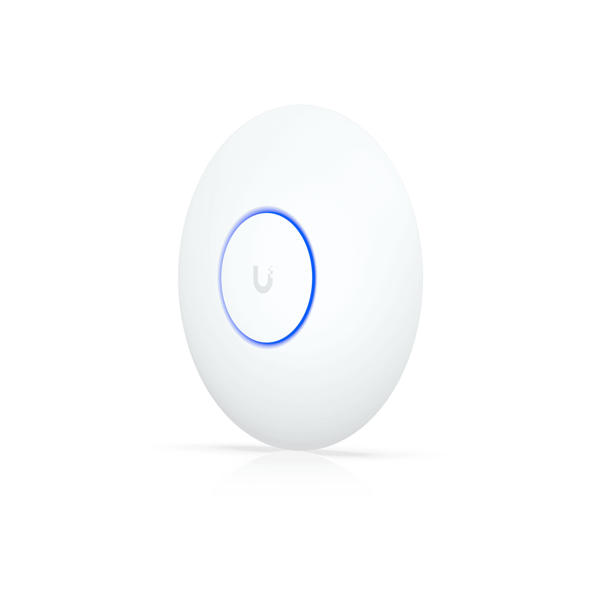 Biały, okrągły punkt dostępowy Wi-Fi (Access Point) Ubiquiti ze świecącym, niebieskim pierścieniem LED wokół logo.